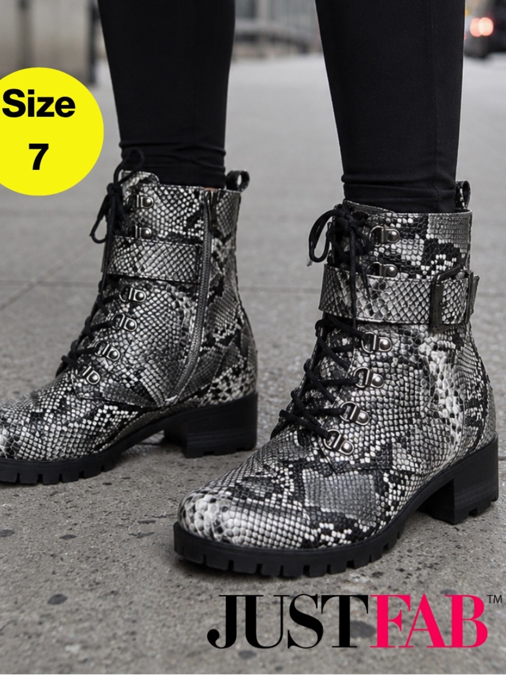 JUSTFAB 🐍 Women's Snakeskin Combat Calf-Height Boots (Size 7)